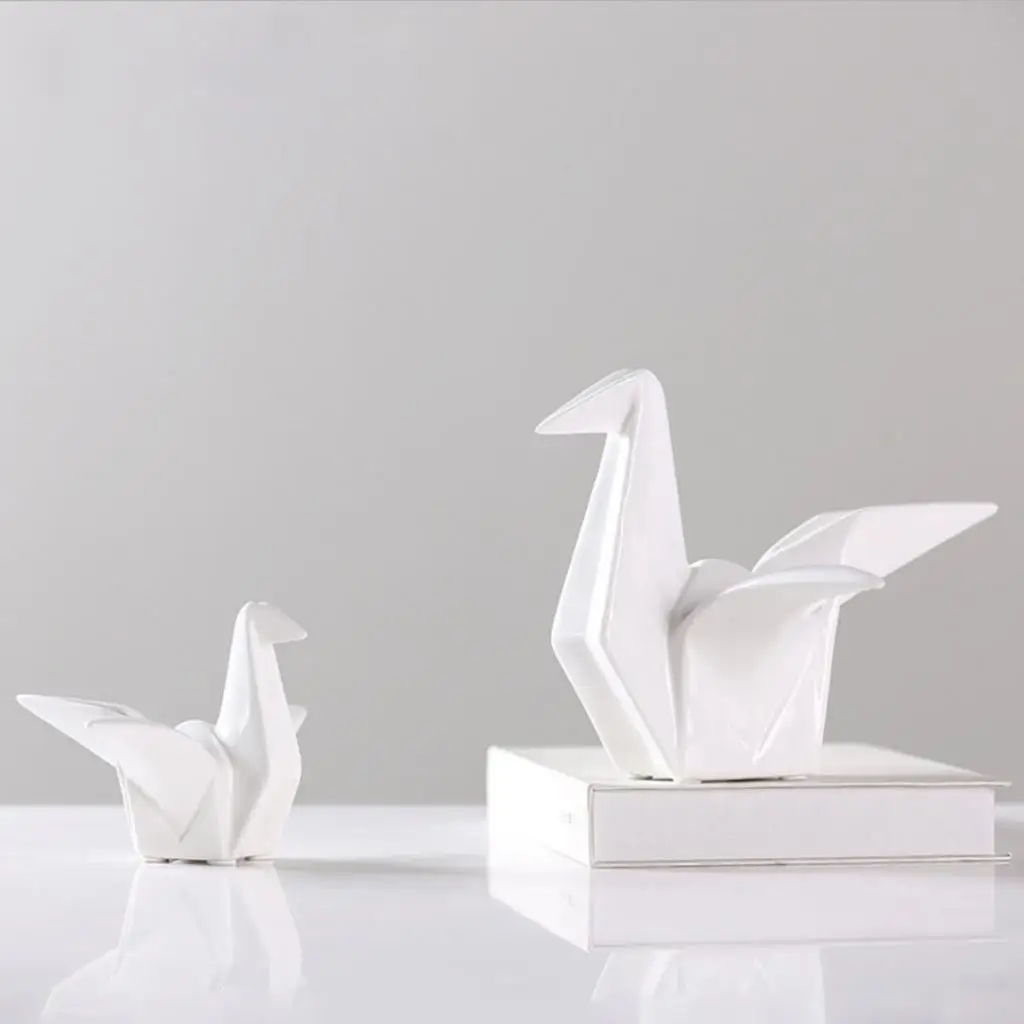 4PCS White Ceramics Crane Figurine, Porcelain Crafts Swan Statues, Home Office Desk Sculpture Decors