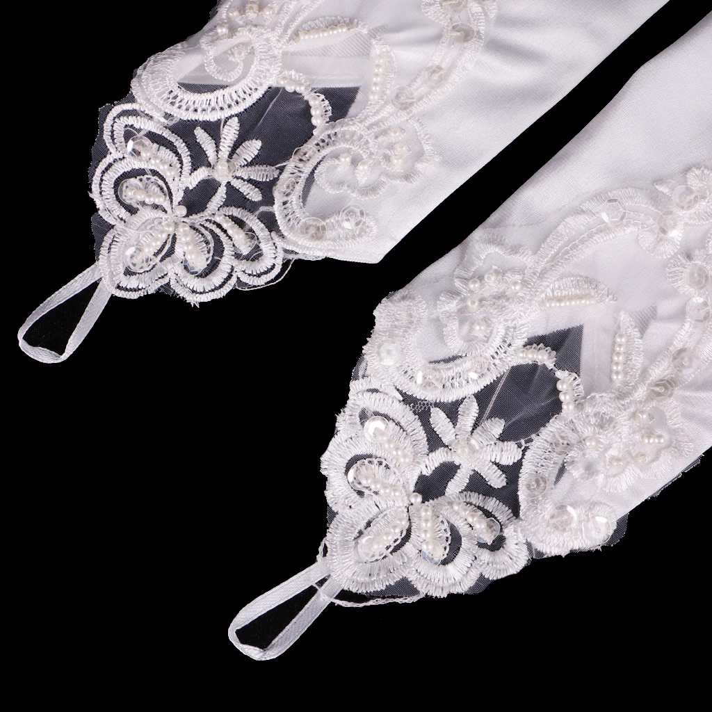 Fashion Satin Pearls Fingerless Gloves Lace Flower Opera Length Wedding Bridal