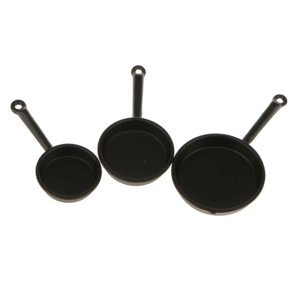 3pcs Black Frying Pan Dolls House Miniatures Kitchen Cooking Accessory 12th