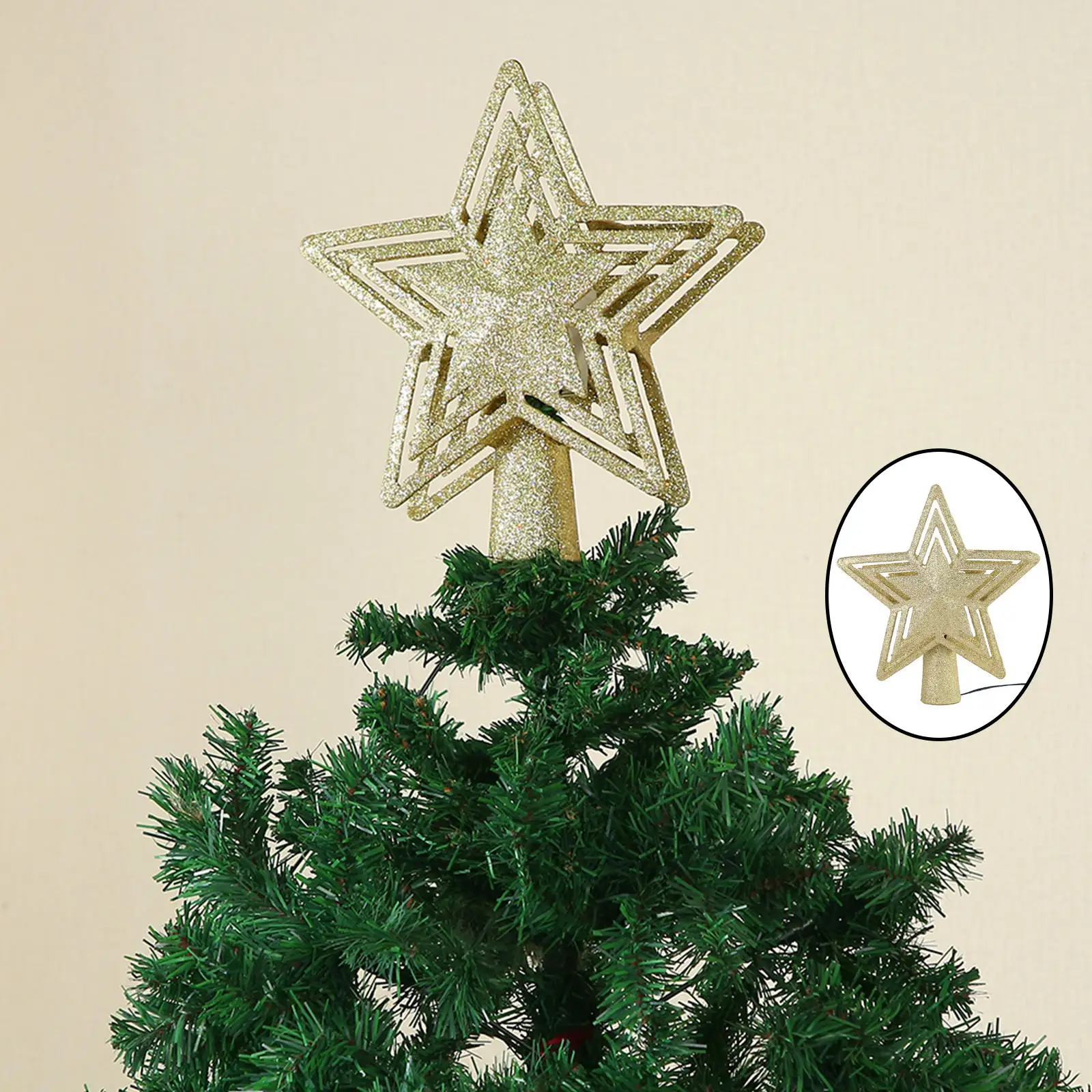 Glitter Christmas Tree Topper Lighted Star Tree Topper with Snowflake Projector Light Christmas Party Decoration