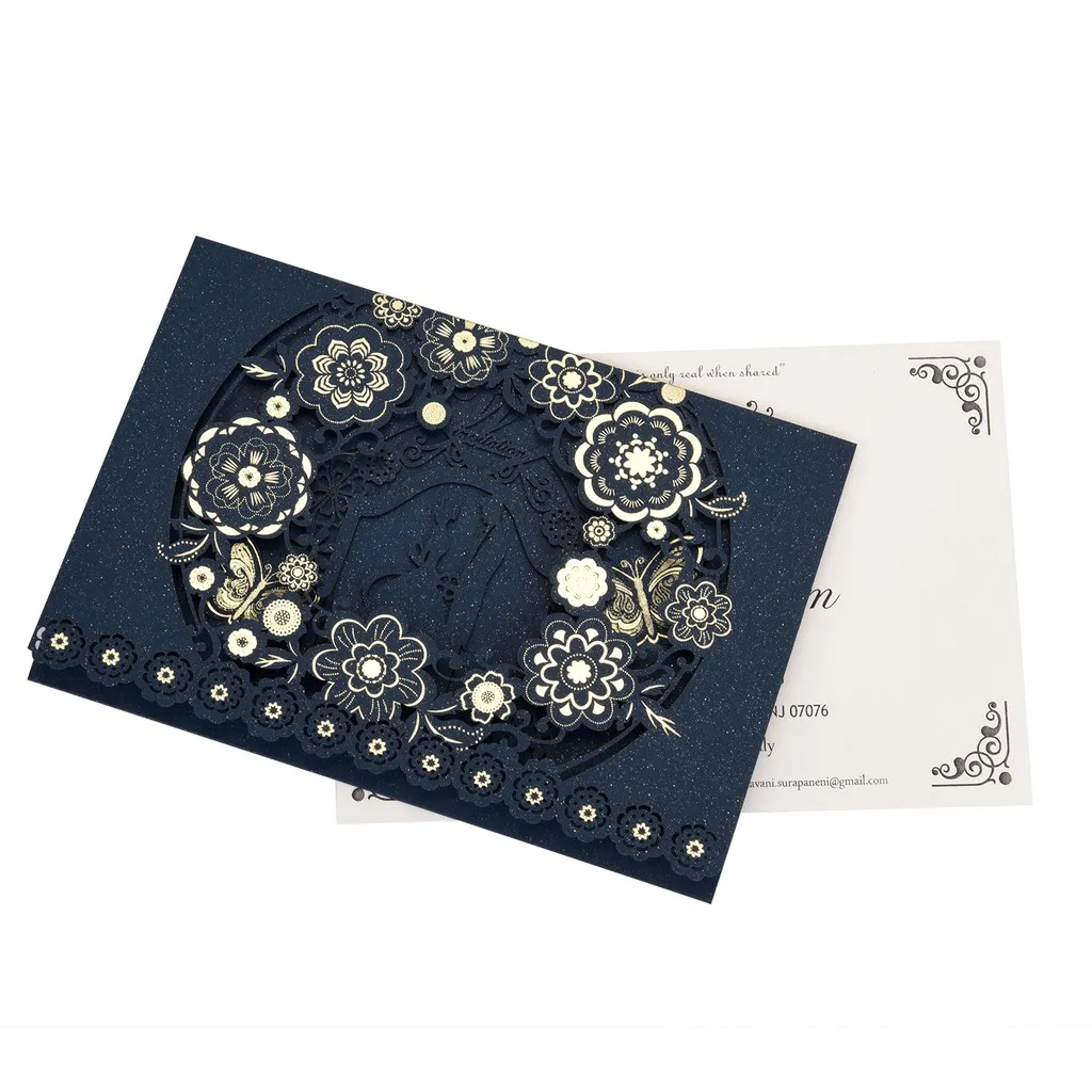 cartões de convite de casamento do noivo da noiva de luxo borboleta flor oco para fora brilhante pérola suportes de cartão de papel