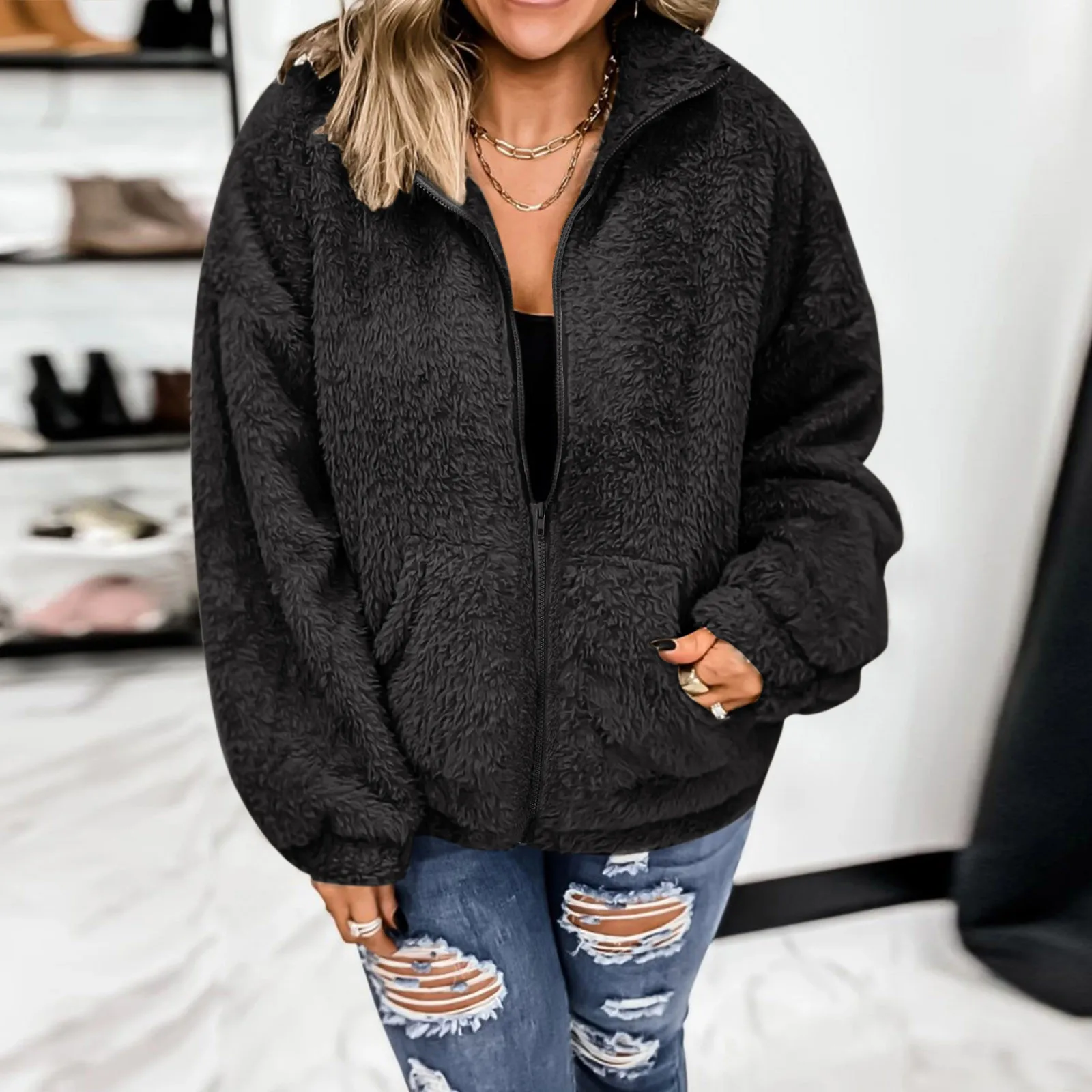 Cenlang Womens Long Sleeve Zip Up Fleece Hoodies Plus Size Casual Sherpa Sweatshirt Winter Warm Fleece Pullover Jacket Outwear Coat with Pockets 