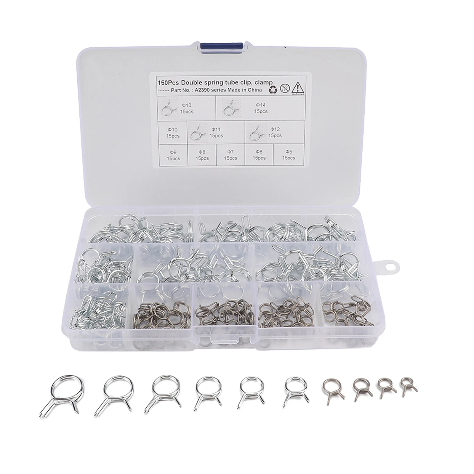 150pcs 5-14mm Water Pipe Air Tubing Spring Clips Assortment Kit, Zinc Plated, Packed in A Plastic Box