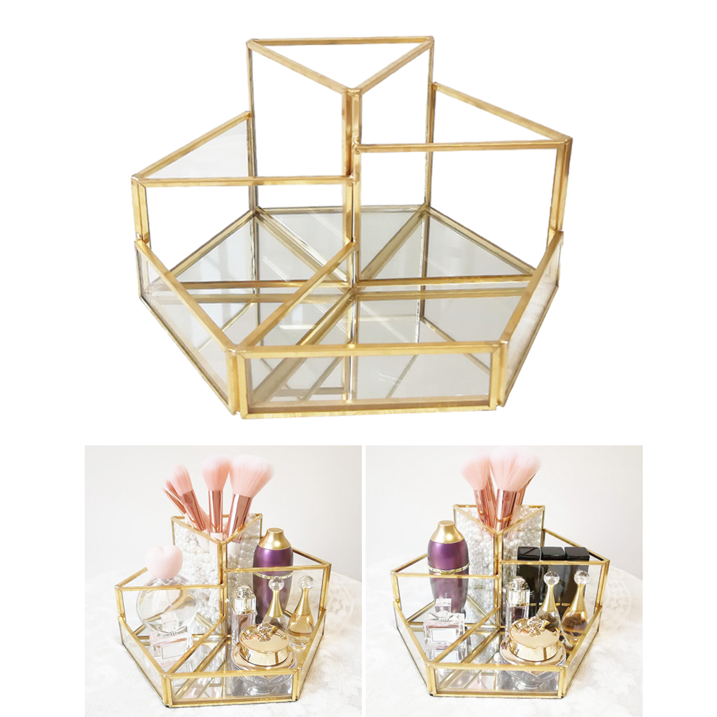 Transparent Makeup Brush Storage Box Organizer Glass Cosmetics Dressing Table Vanity Jewelry Storage Box with 4 Grids