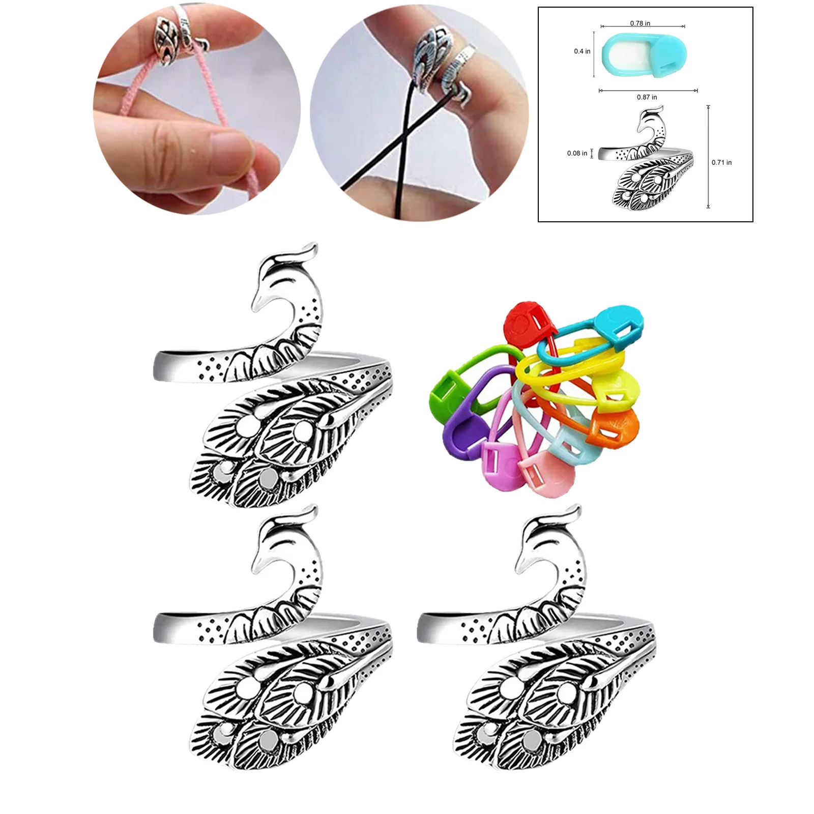 3Pieces Crochet Ring Kit w/ 50 Stitch Marker Peacock Open Finger Ring Knitting Accessories