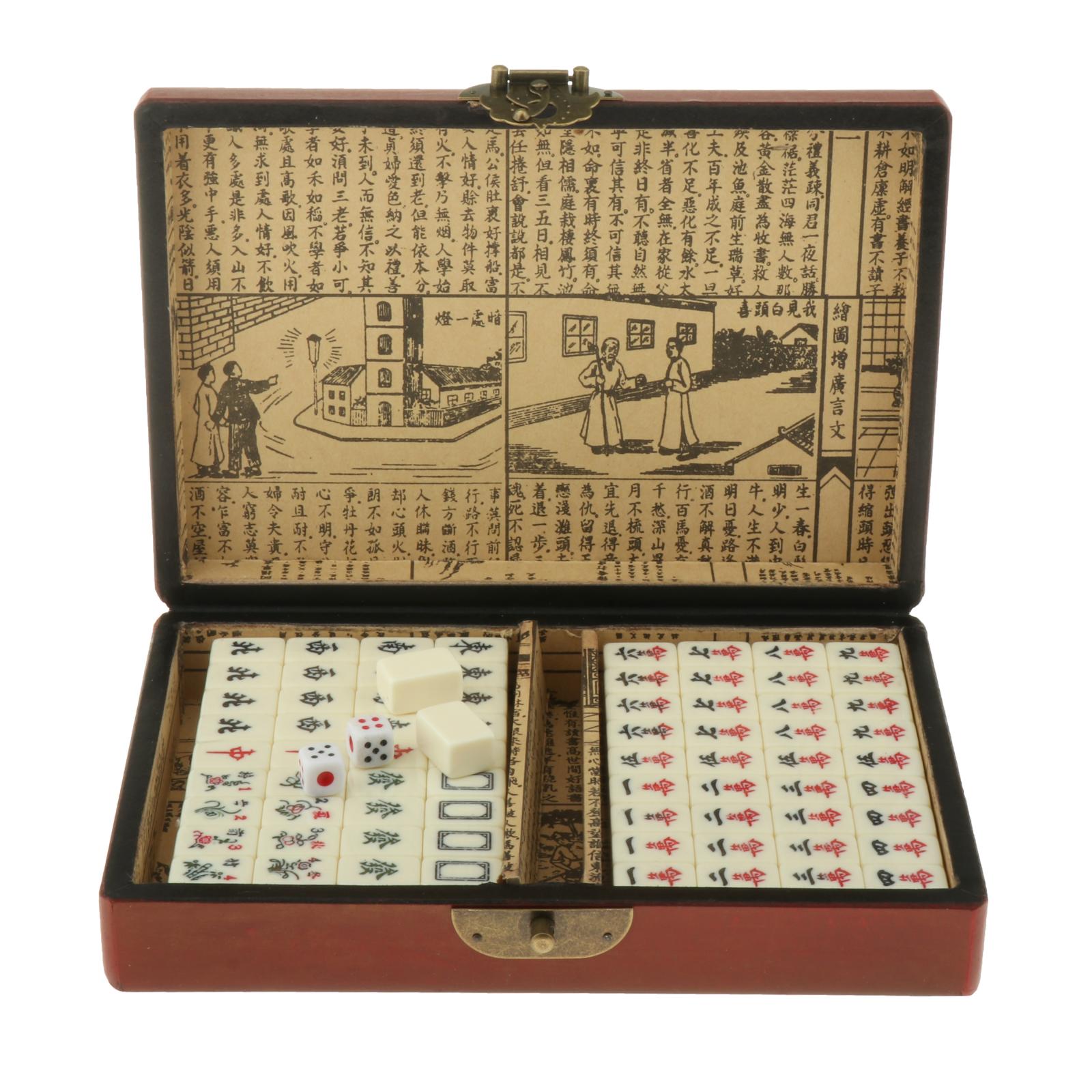 Vintage 144 Tiles Mah-Jong Chinese Numbered Mahjong Set Portable Chinese Family Party Gambling Game Board with Leather Case