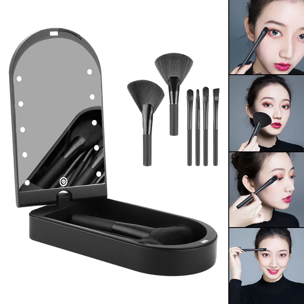Portable Folding Makeup Mirror Box w/ LED Light Makeup Brush Set Cosmetic Brushes Touch Switch Light Gifts for Women