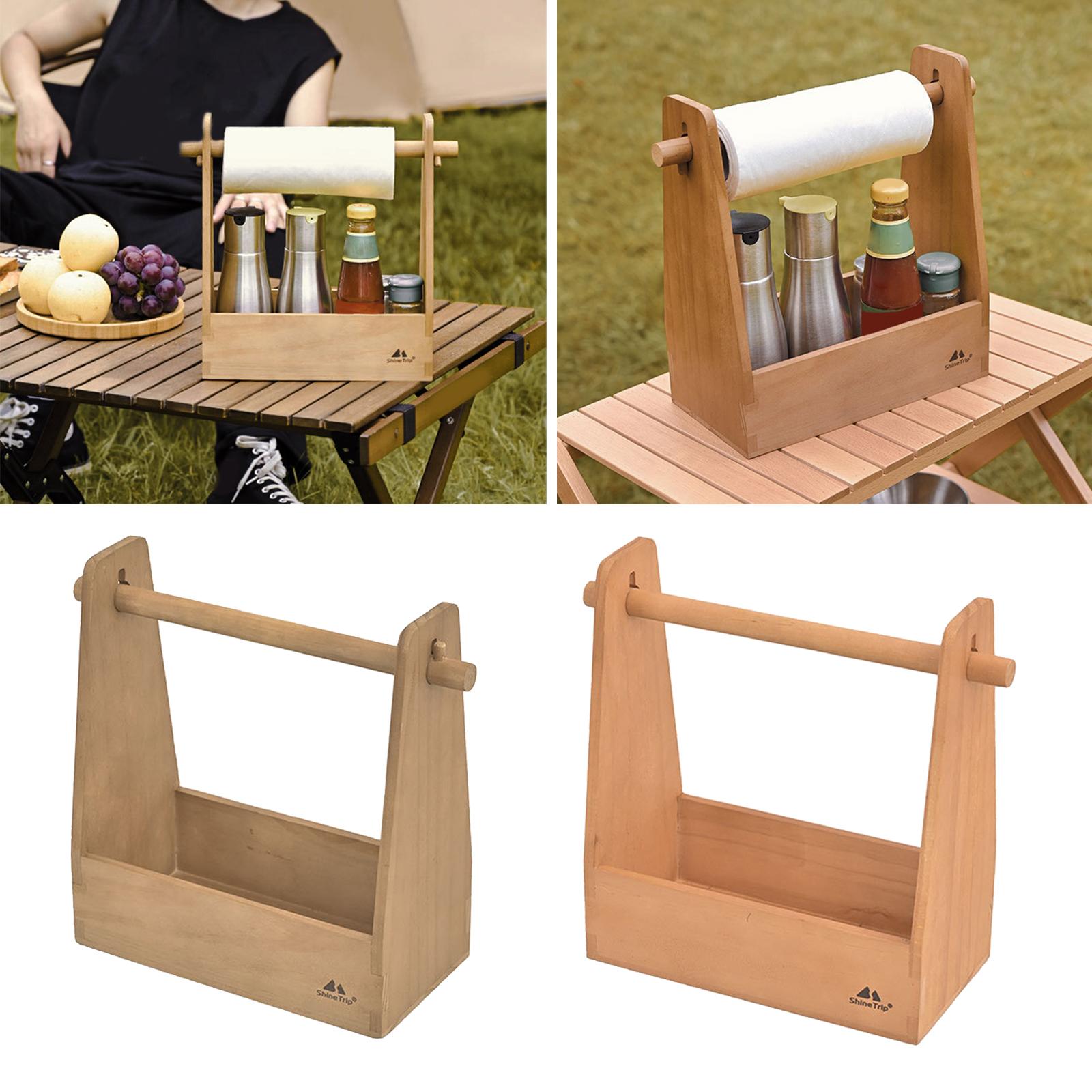 Outdoor Seasoning Box Protabel Pine Wood Retro Card Slot Handle Detachable Camping Picnic Home Storage Box Roll Paper Holder
