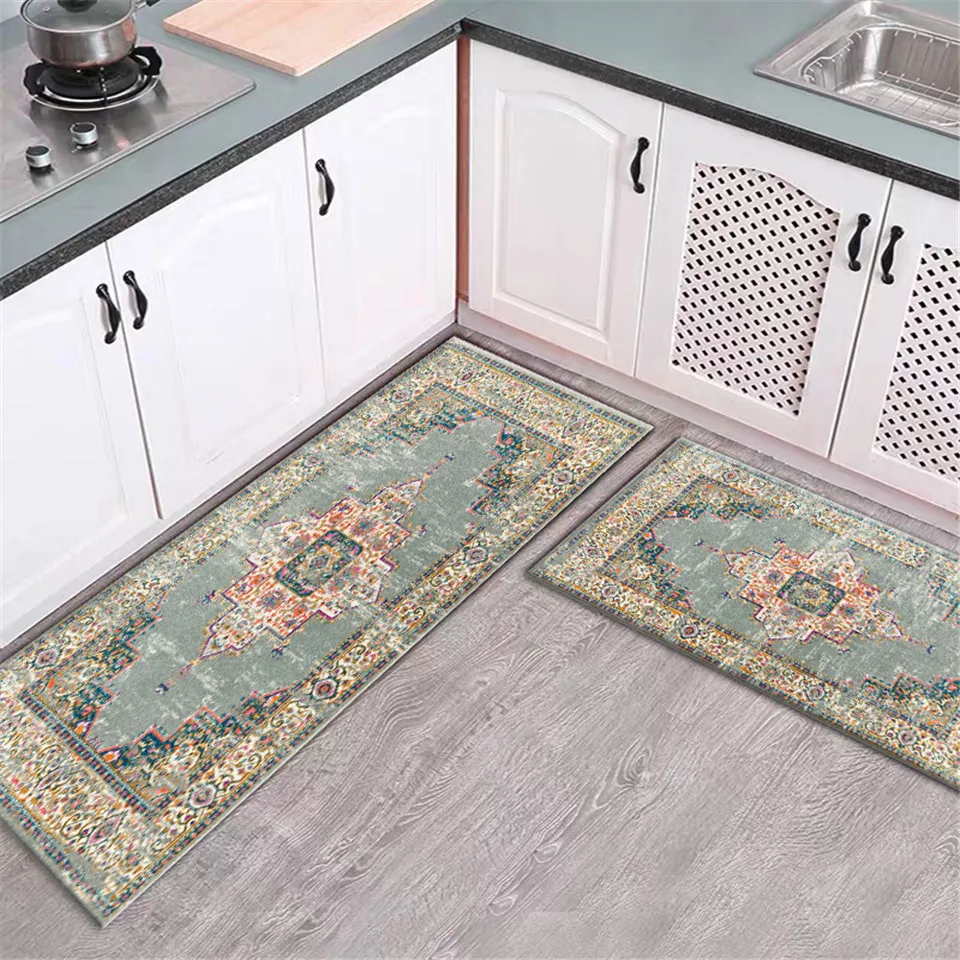 Carvapet 2 Piece Non-Slip Kitchen Mat Runner Rug Set Doormat Vintage Design Baro 