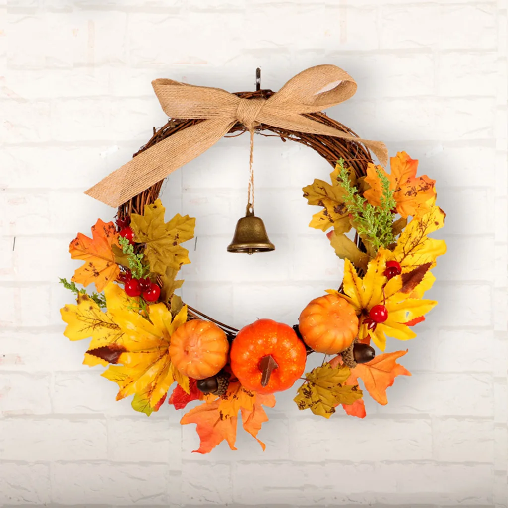 Wreath Autumn Harvest Maple Leaf, Artificial Pumpkin Maple Leaves Berries Fall Christmas Thanksgiving Wreath with Bell