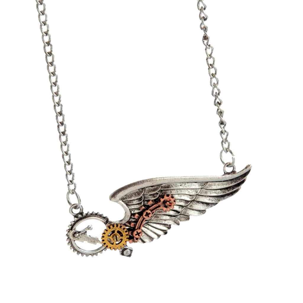 Punk Rock Steampunk Necklace Wing Clock Parts Gear Pendant Women Jewelry
