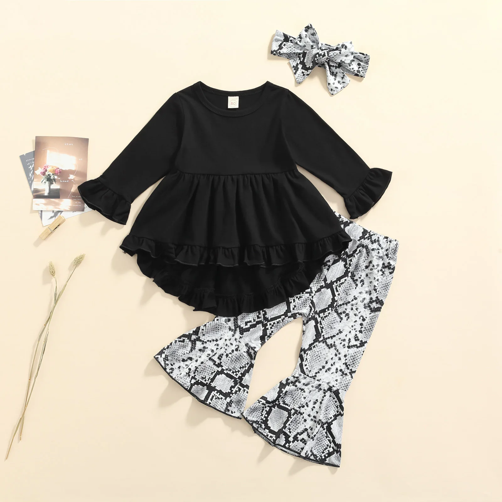 little kid suit Toddler Kids Baby Girl 3Pcs Fall Clothes, Long Sleeve Ruffle Tops + Flare Pants + Headband Set 1-5T little kid suit