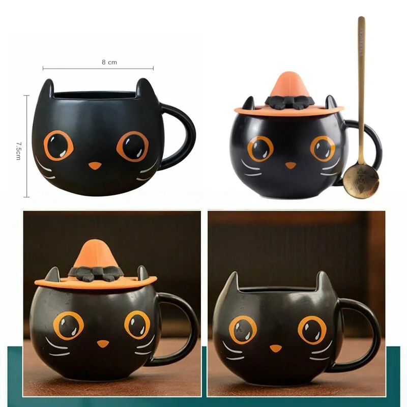 Cute Kitty Unique Ceramic Coffee Mug for Halloween Cat Lovers,Home Birthday Gift for Women Men 2021 Halloween Black Cat Cup with Witch Cap and Spoon Gifts Cat Spoon Cover