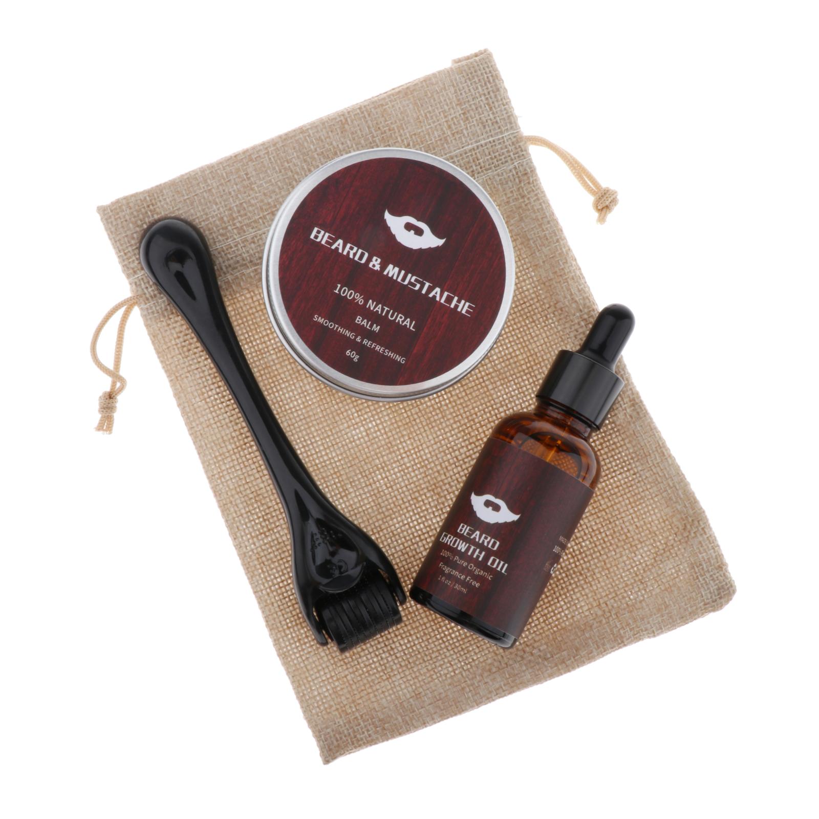 Beard Taming Kit Mustache Comb Grooming Styling Growth Oil Balm Roller Gift Set