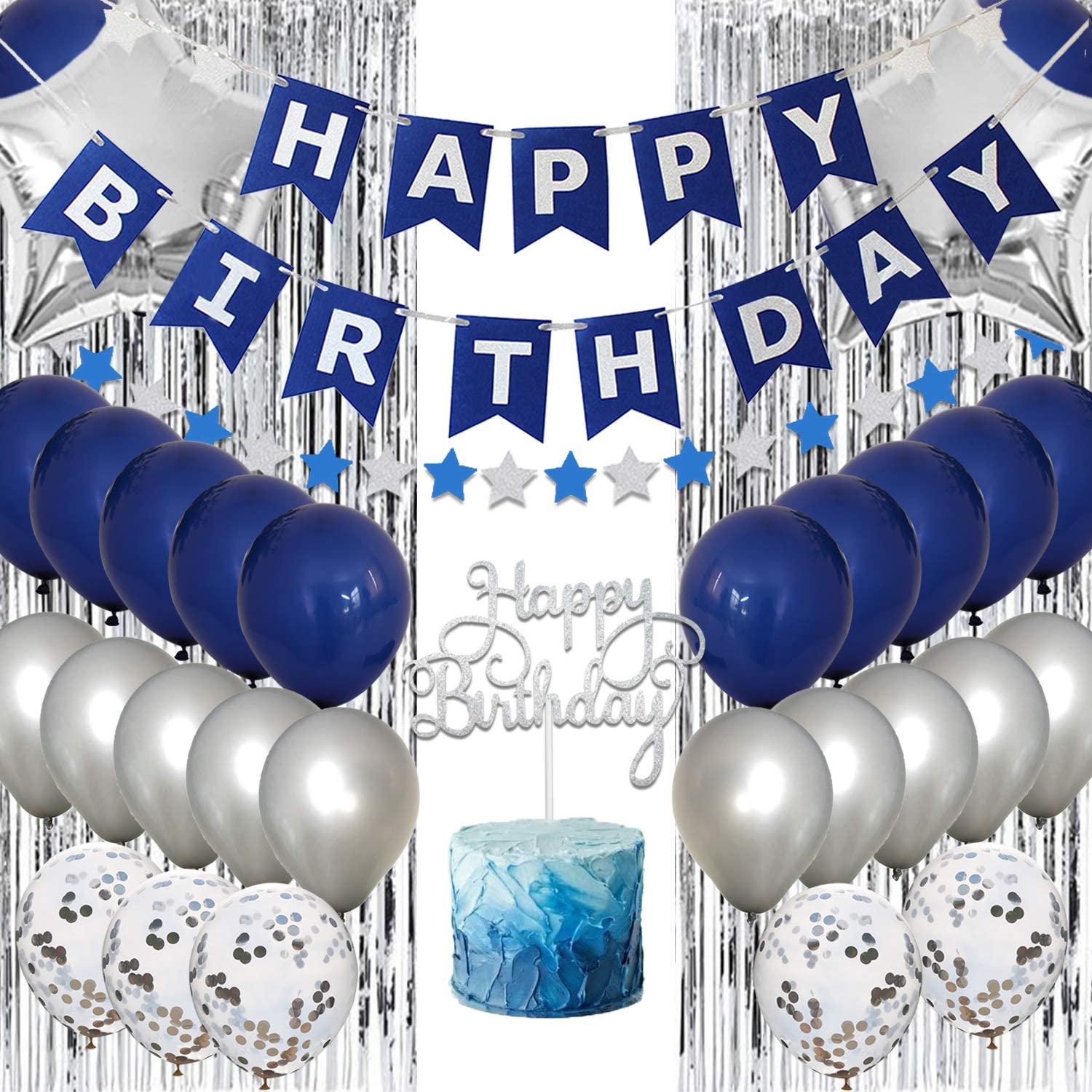 Decorations D Anniversaire Ballons Bleu Marine Et Argent Pour Hommes Et Garcons Avec Banniere Joyeux Anniversaire Garniture De Gateau Rideau De Guirlandes Aliexpress