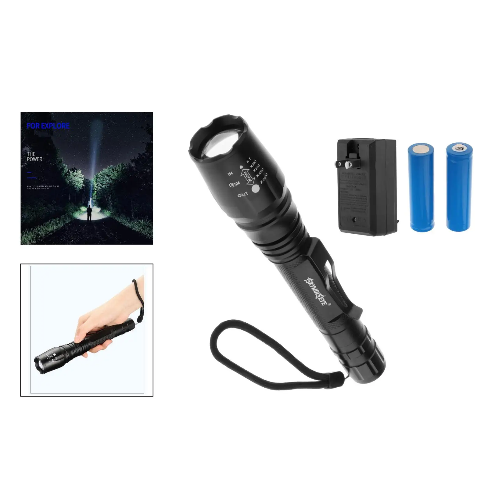 LED Tactical Flashlight 5 Modes, Waterproof, Zoomable, Solid Handheld Light Torch with Lanyard, 18650 Batteries, Charge Adapter