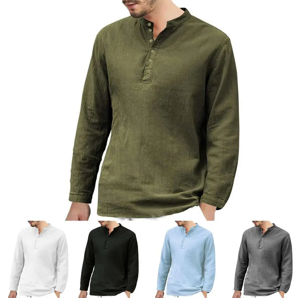 Men's Vikings Nordic Style Long-Sleeved Solid Color Cotton Linen Stand-Up Collar Shirts