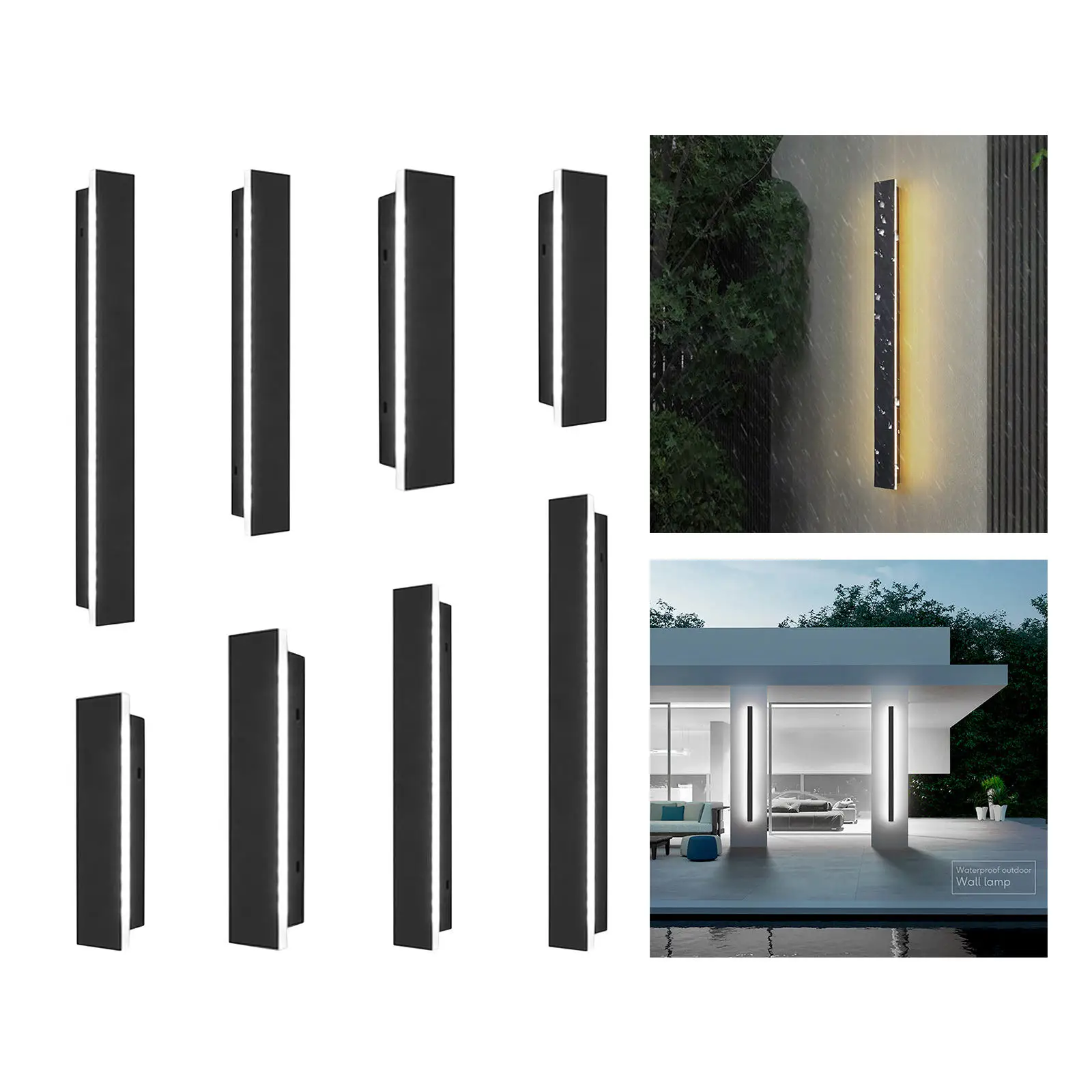 Outdoor Long Strip Modern LED Wall Lighting Fixture Lamps, Elegant Frosted Black Iron Body IP65 Waterproof Anti Rust