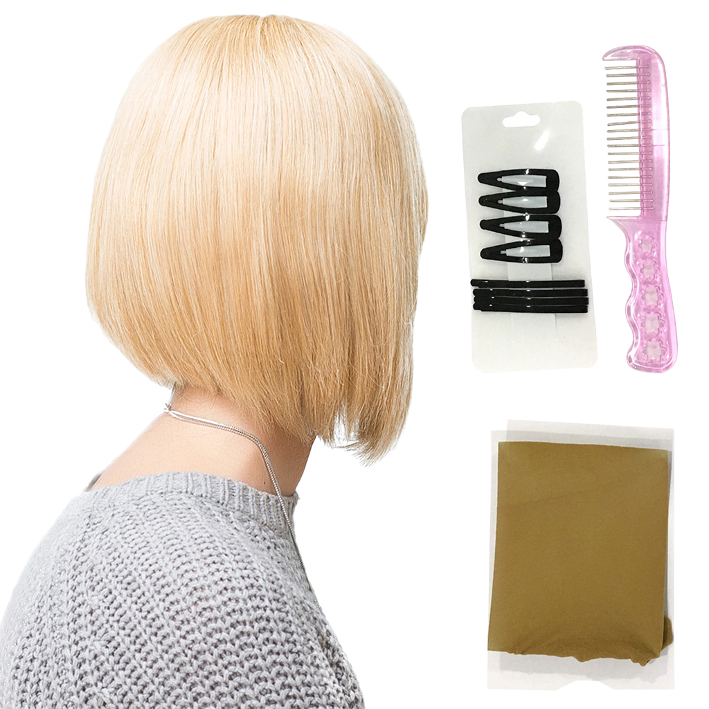 Blonde Side Part Women Short Straight Bob Wig with Bangs Human Hair Wig 14''