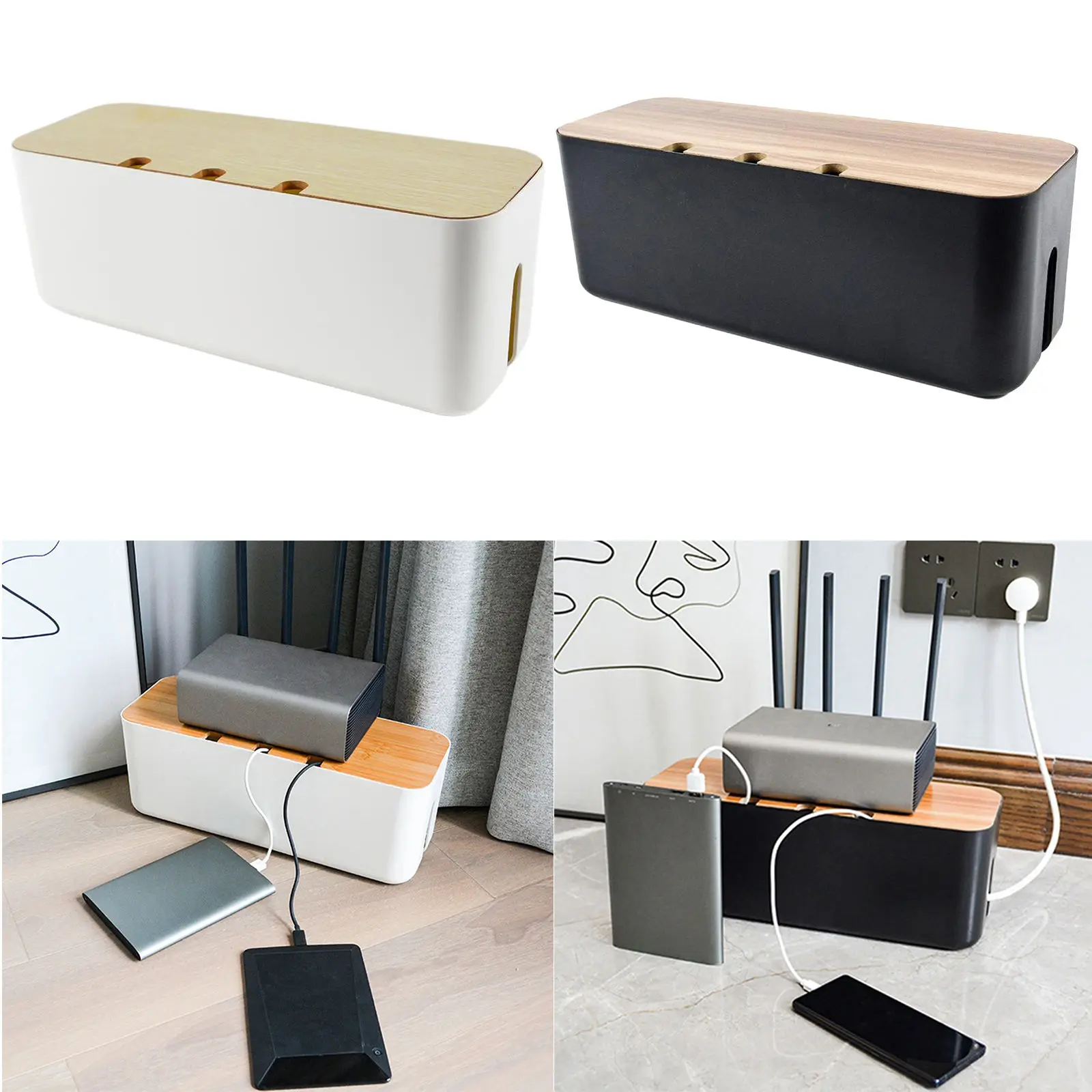 Cable Management Box ABS Wood Lid Wire Cable Organizer Box Power Stripe Surge Protector Covering Hiding for Desktop Home Office
