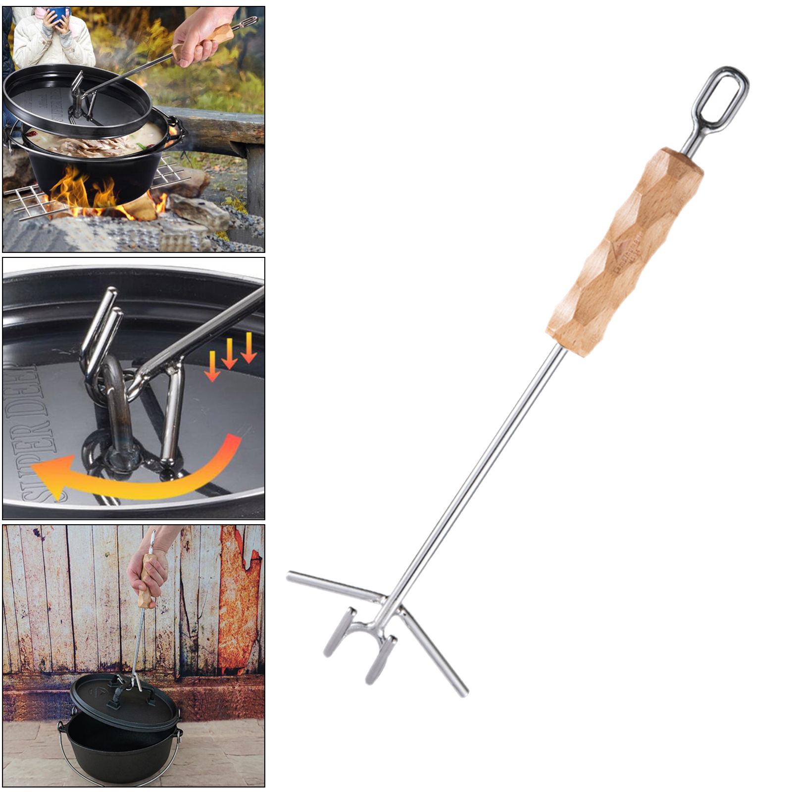 Camp Dutch Oven Lid Lifter Wooden Handle Lifting Carrying Dutch Ovens 14inch