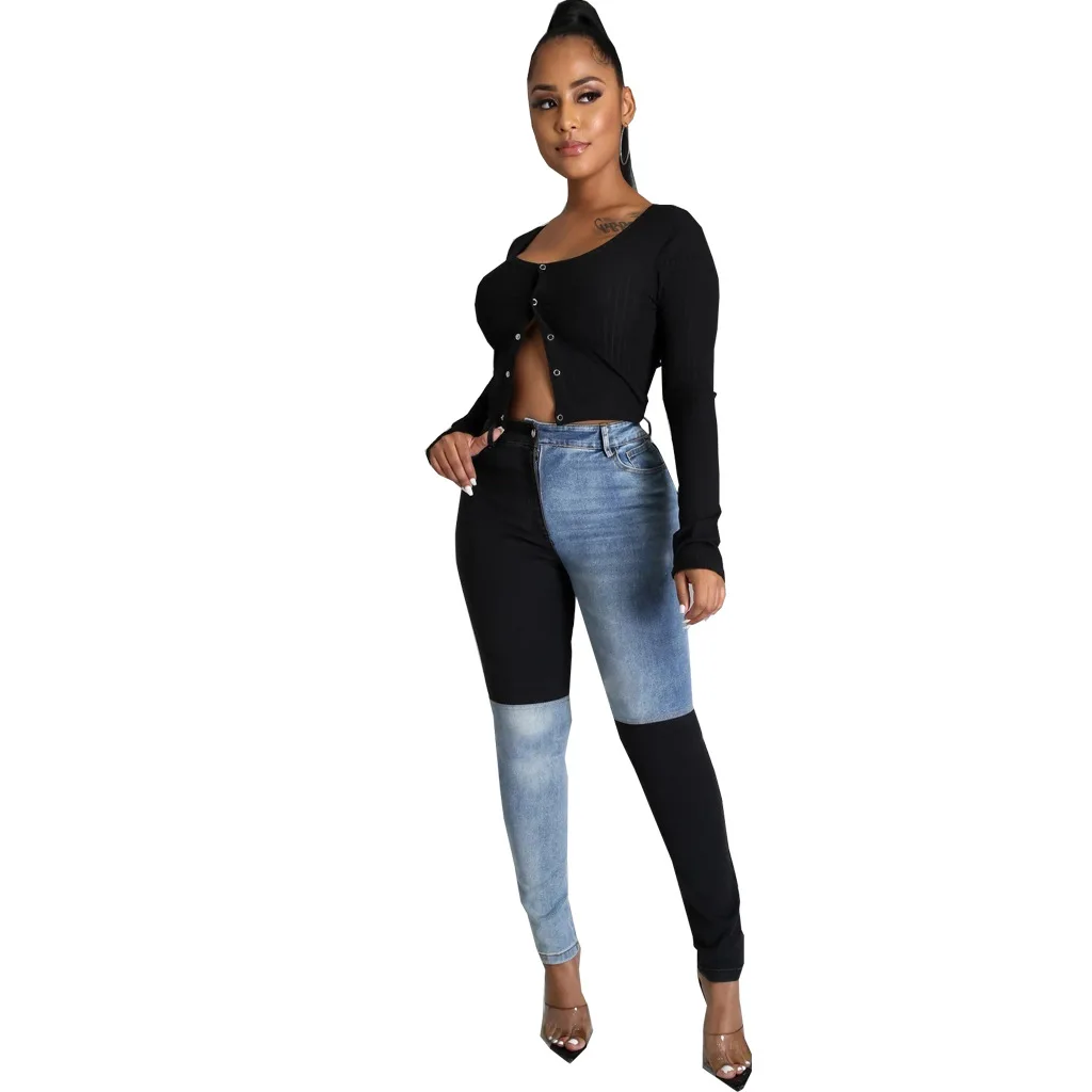 Color Stitching Women Jeans High Waist Zipper Fly Skinny Denim Pants 2021 Autumn Winter Sexy Workout Activewear Casual Trousers