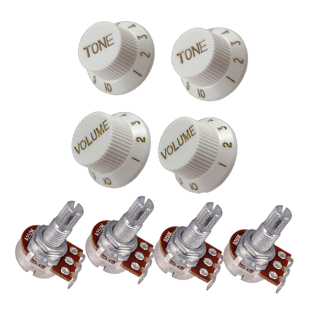 4 Pcs Guitar Potentiometer Audio Pots A250K B250K 18mm Replacement & 4 Pcs Guitar Volume Tone Control Knobs White