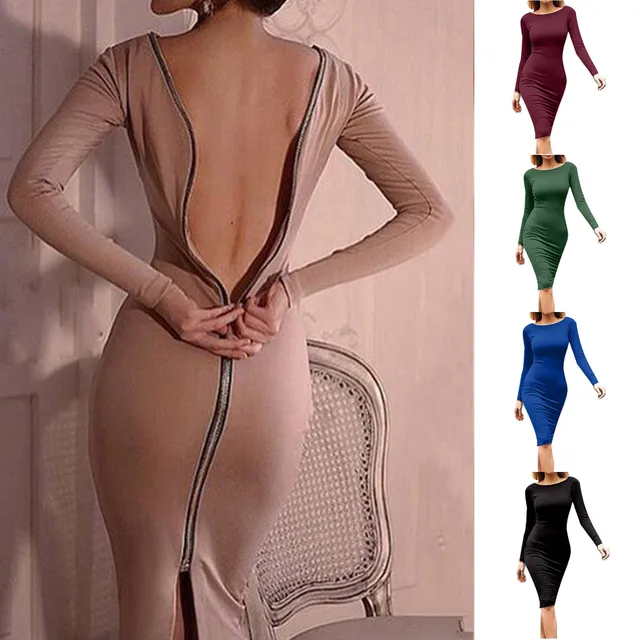 Spring new large size Bodycon dress Solid Color Round neck long sleeve Back  zipper tight dress Female Fashion Clothes D1240