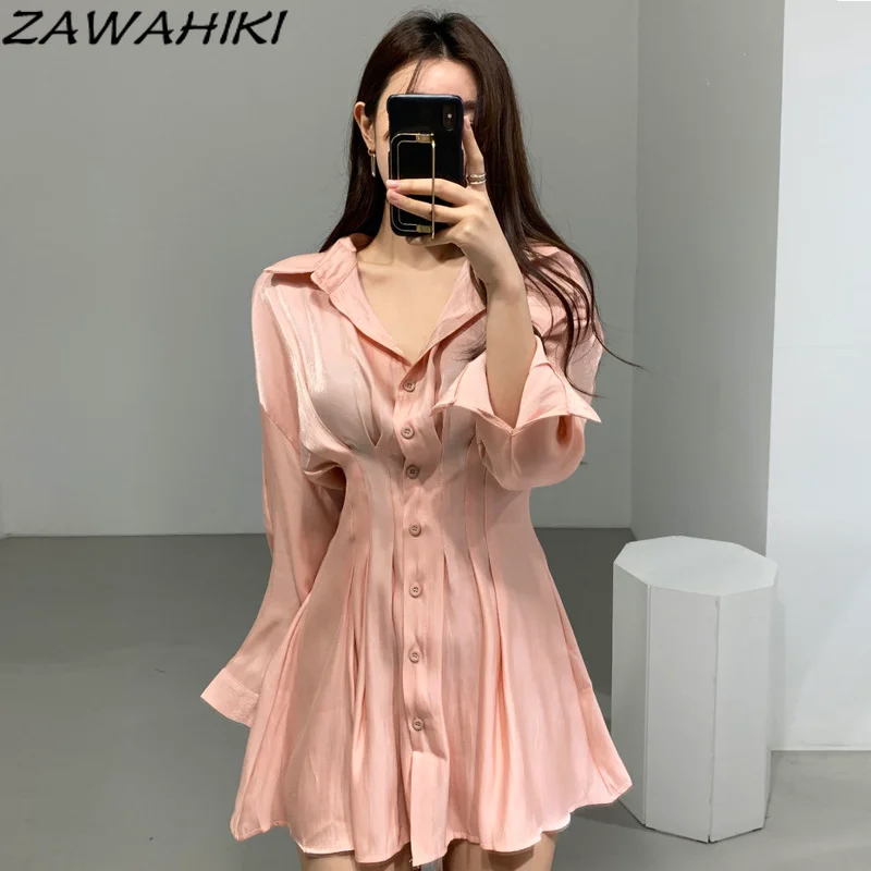 homecoming dresses 2021 ZAWAHIKI Women's Clothes Long Sleeve Shirt Dress Slim Solid High Waist Vestidos Mujer Turn Down Collar drawstring Mini Dresses midi dress