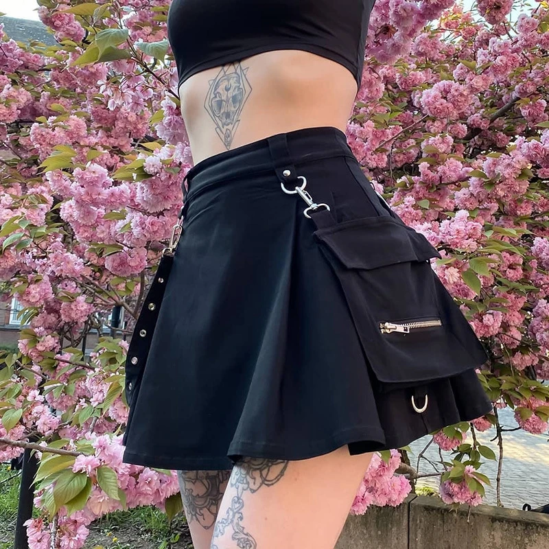 E-girl Gothic Lace Mini Pleated Skirt Women Punk Y2K Aesthetic 