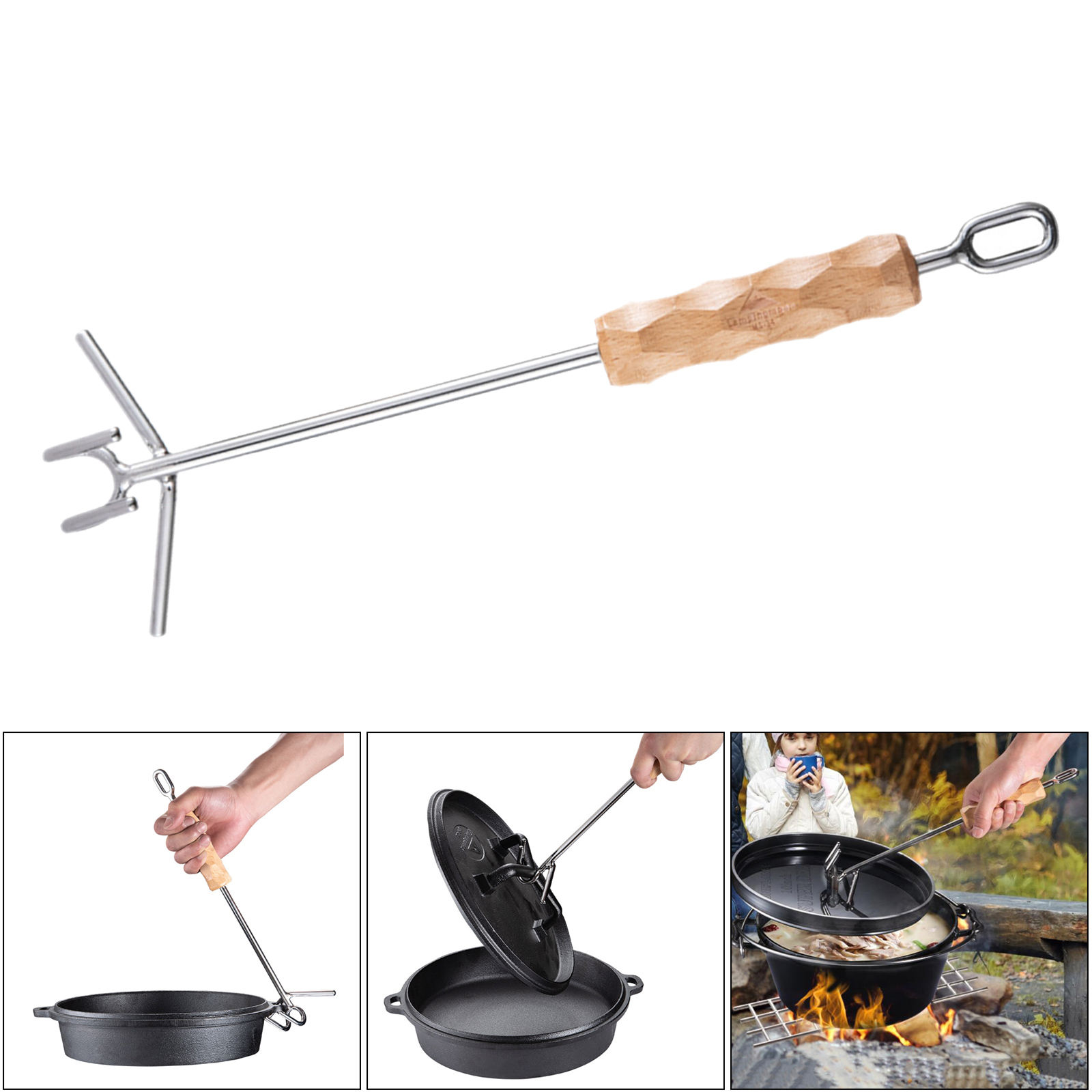 Camp Dutch Oven Lid Lifter Wooden Handle Lifting Carrying Dutch Ovens 14inch