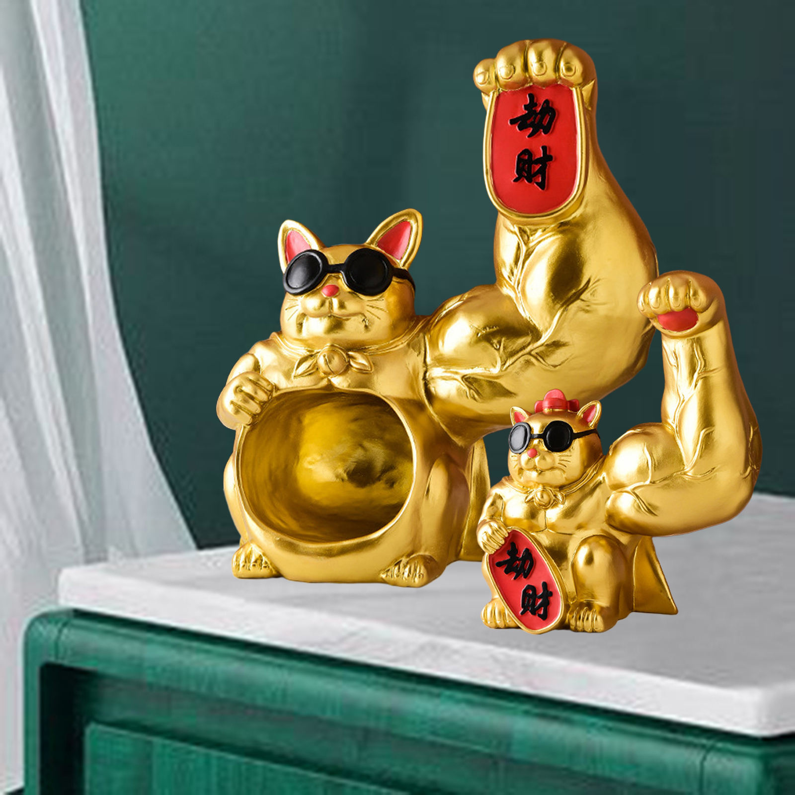 Resin Muscle Arm Lucky Cat Statue Figurine Feng Shui Animal Craft Office Room Shop Home Door Interior Decoration Accessories