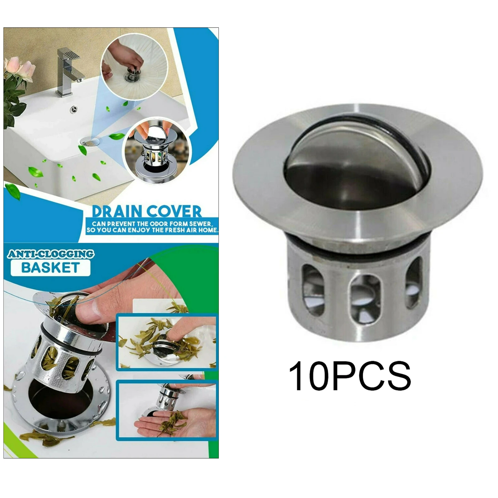 Stainless Steel Drain Plug Wash Basin Sink 10pcs Built-in Flap Basket Drain Filter Household Seal Replacement