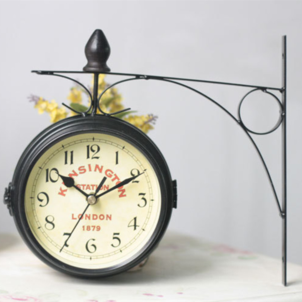 Retro Wrought Iron Double-Side Faces Metal Wall Clock Garden Coffee Bar Home