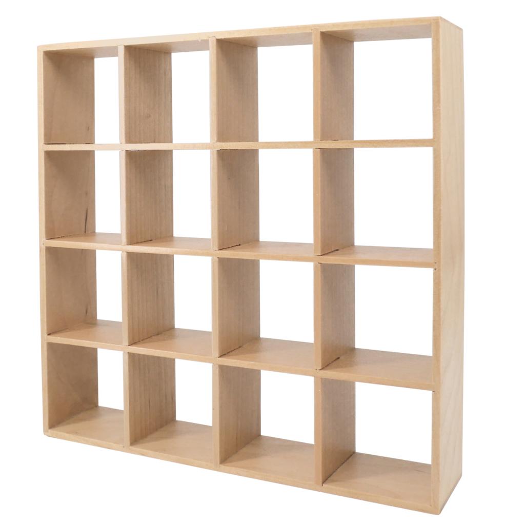 Mini Wooden Storage Rack Display Shelf, Dollhouse Furniture Accessory - 16 Cube Organizer -1/12 Scale