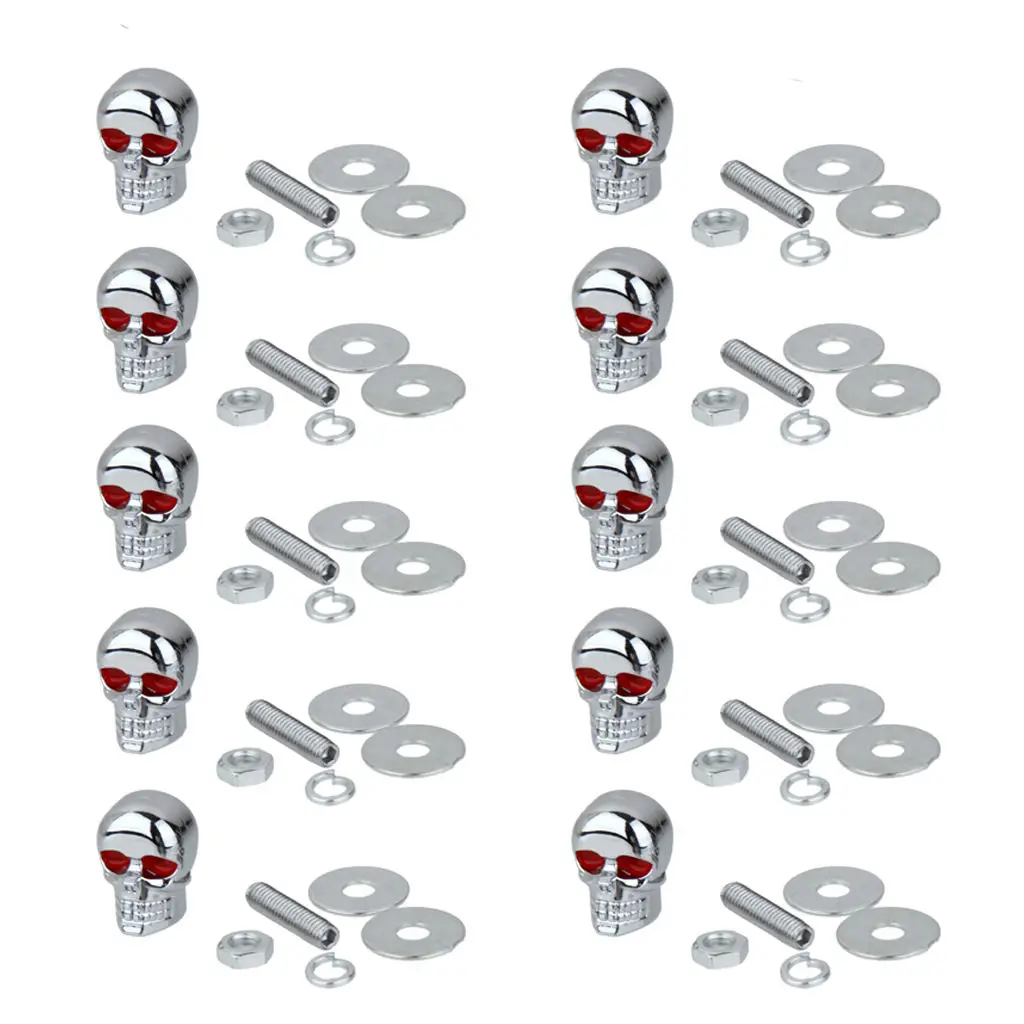 10x Skull Red Eye Bolts Screws Universal License Plate Tag Frame Windshield Easy convenient installation modification required