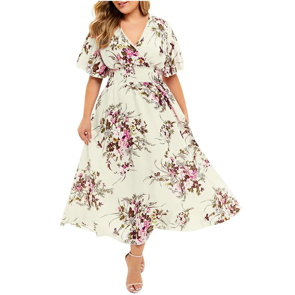 Plus Size Floral Maxi Dress Women's Summer V-Neck Bohemian Beach Sundress Casual Large Size Long Dress vestidos verano платье summer dresses for women