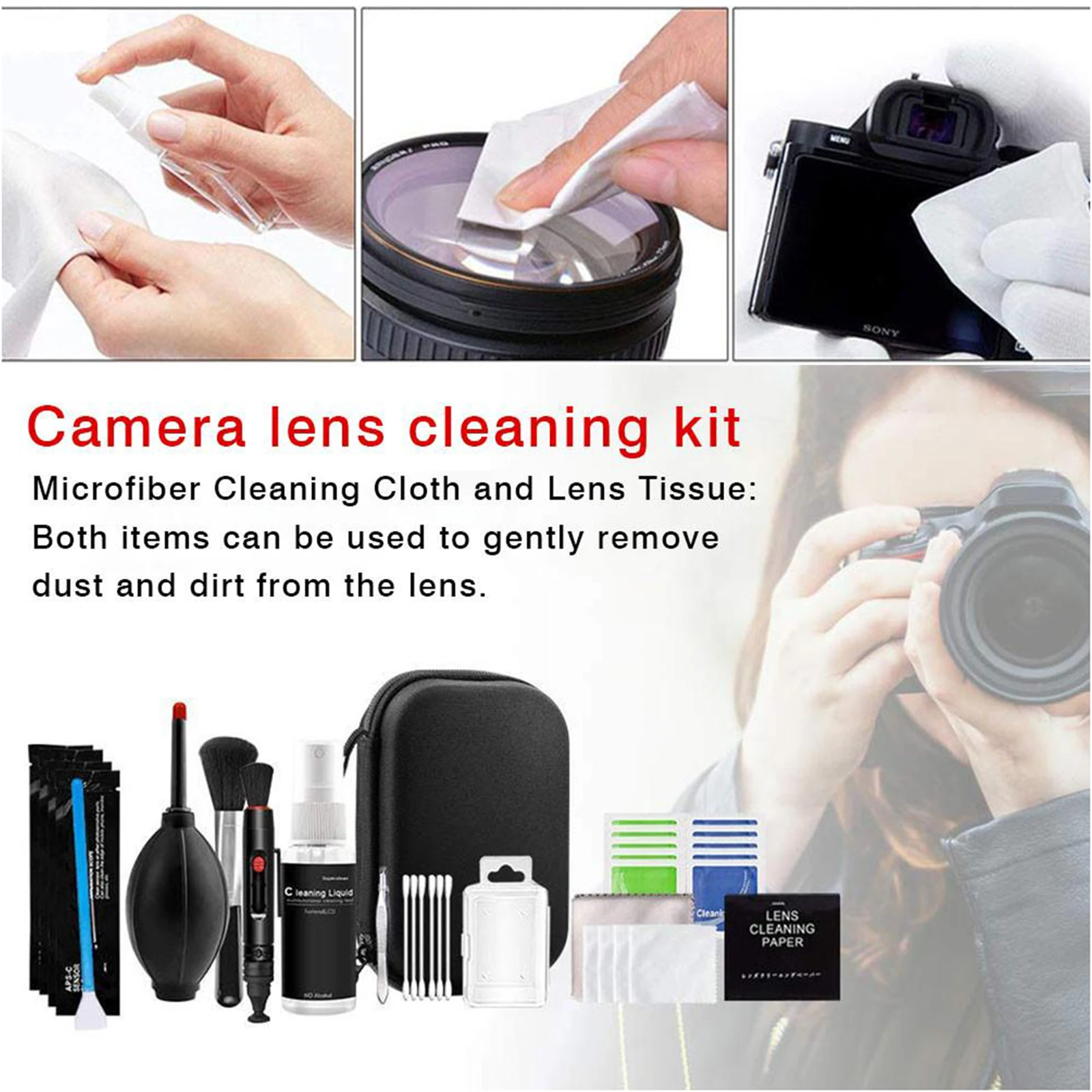 Camera Cleaning Kit for DSLR Cameras Cleaning Tools and Accessories with Carry Case + Traveling Pouch + Swabs + Lens Pen + Brush