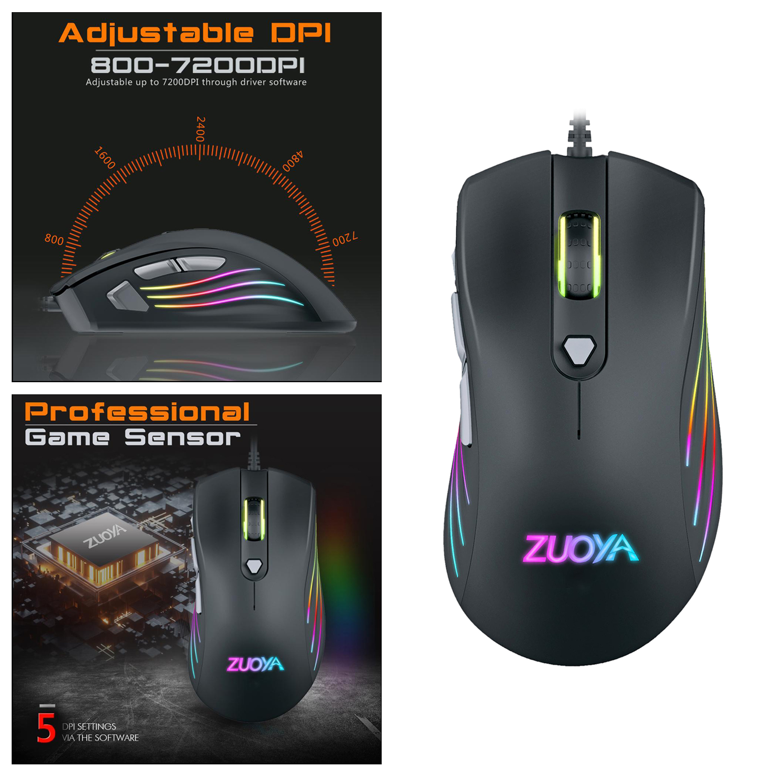 Gaming Mouse (Optical Sensor (800 to 7200 DPI), RGB Illumination, 7 Programmable Keys) Black