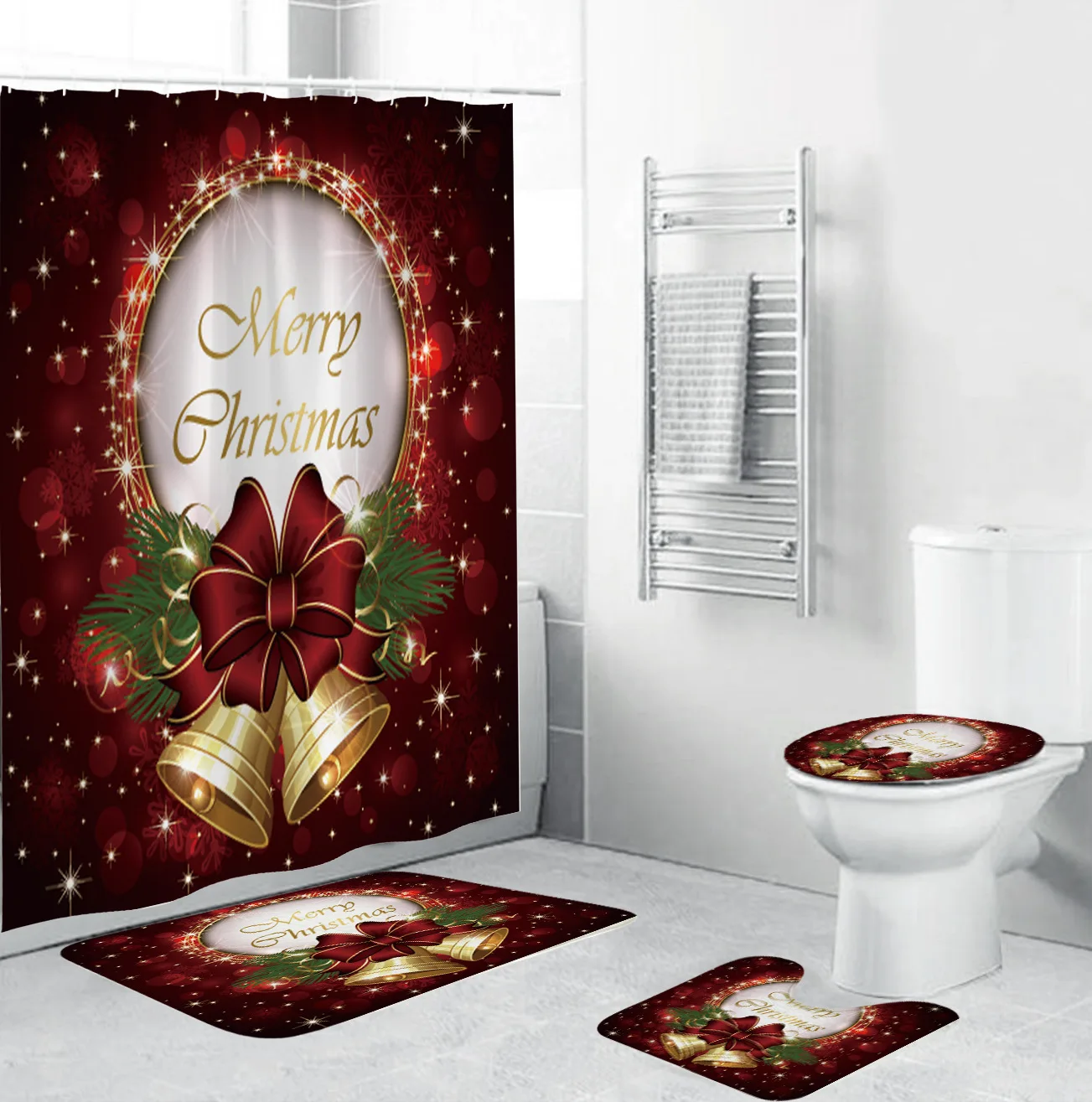 US Christmas Warm House Shower Curtain Bathroom Antislip Carpet Lid Toilet Cover 