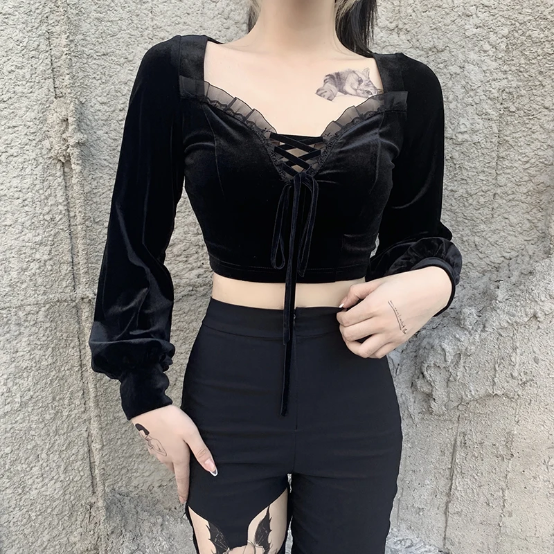 Vintage Velvet Women Crop Top Romantic Lantern Sleeve Bandage Lace Patchwork T-shirt Women Sexy Tees E-girl Mall Goth Clothes