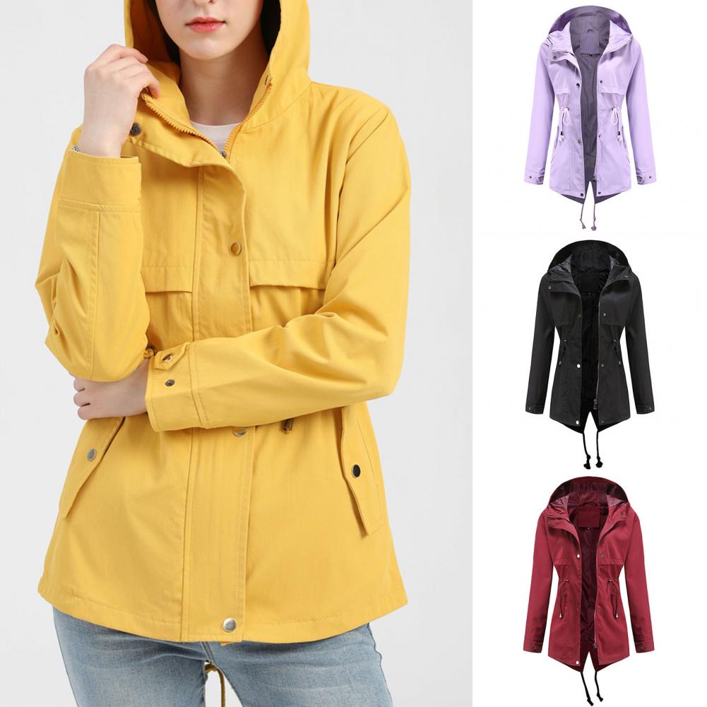 Hooded Back Split Drawstrings Buttons Pockets Zipper Jacket