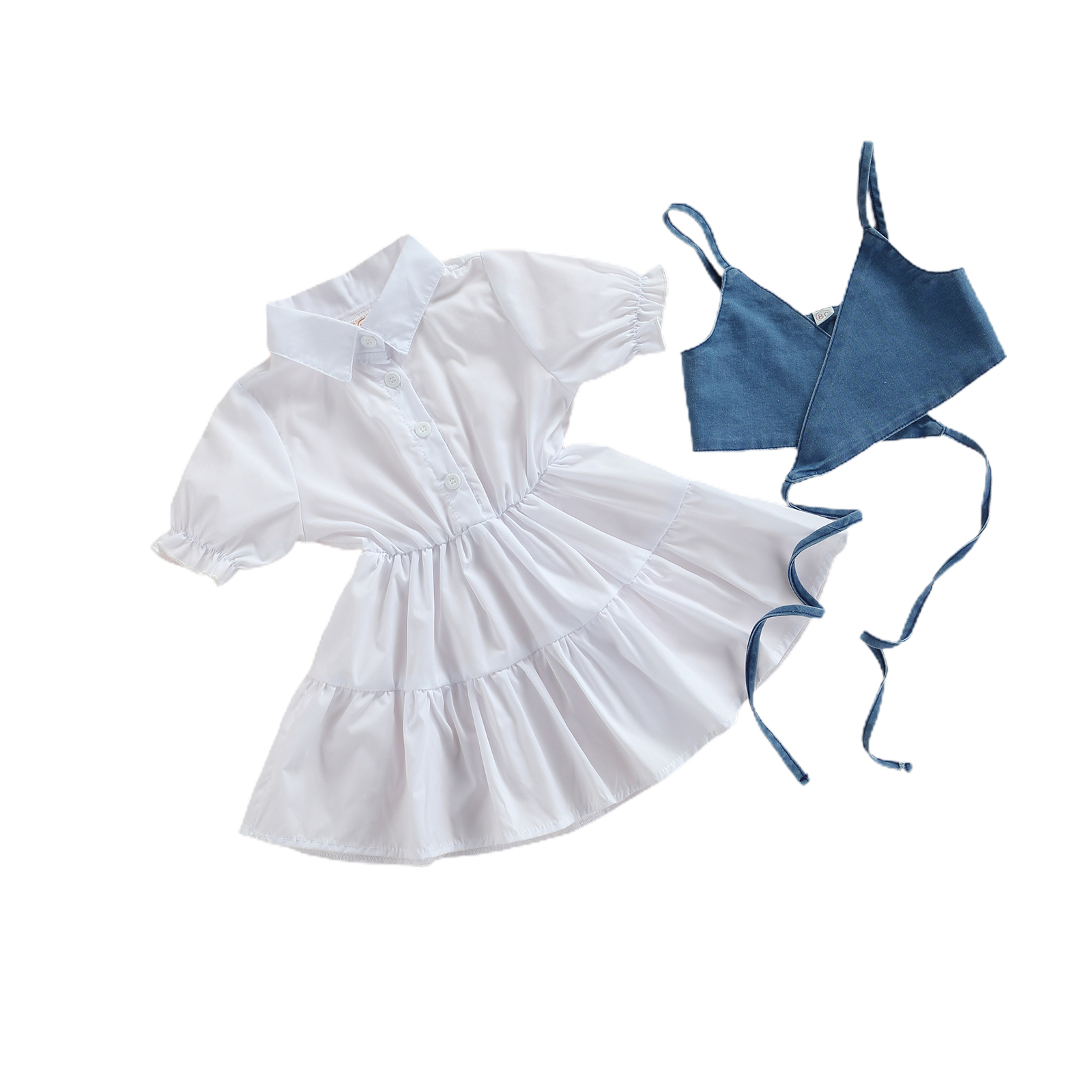 FOCUSNORM 1-6Y Sommer Mode Kinder Mädchen Kleid + Denim Weste 2 stücke Solide Rüschen Puff Sleeve Drehen Unten Kragen A-linie Kleid – Detail 1