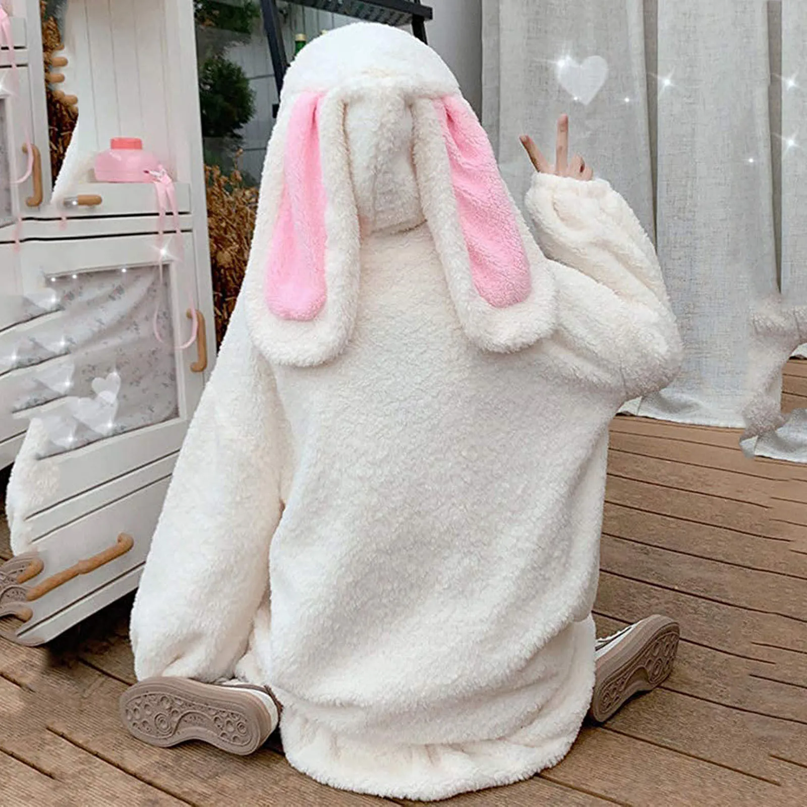 Flanela orelhas de coelho hoodies para mulher