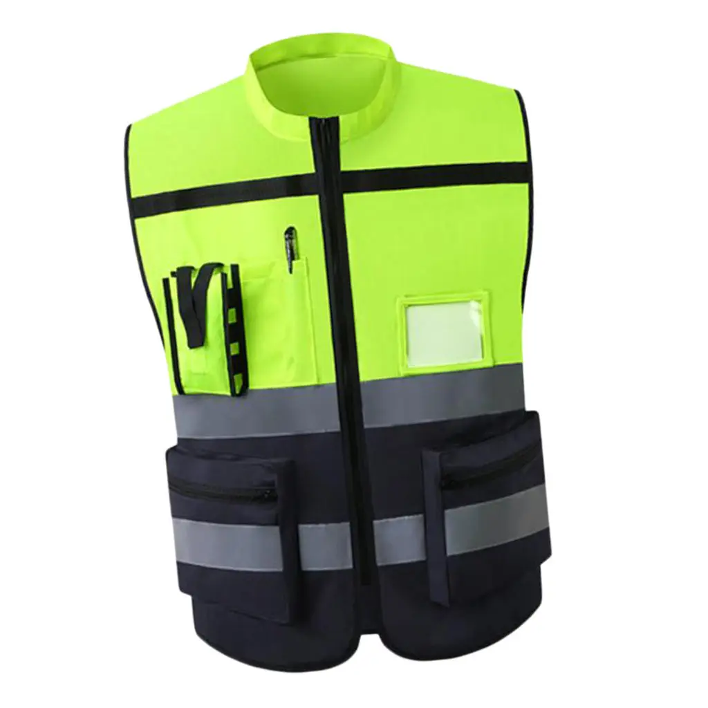 Reflective Safety Vest, Bright Neon Yellow Color with Reflective Strips - Zipper Front Style-F