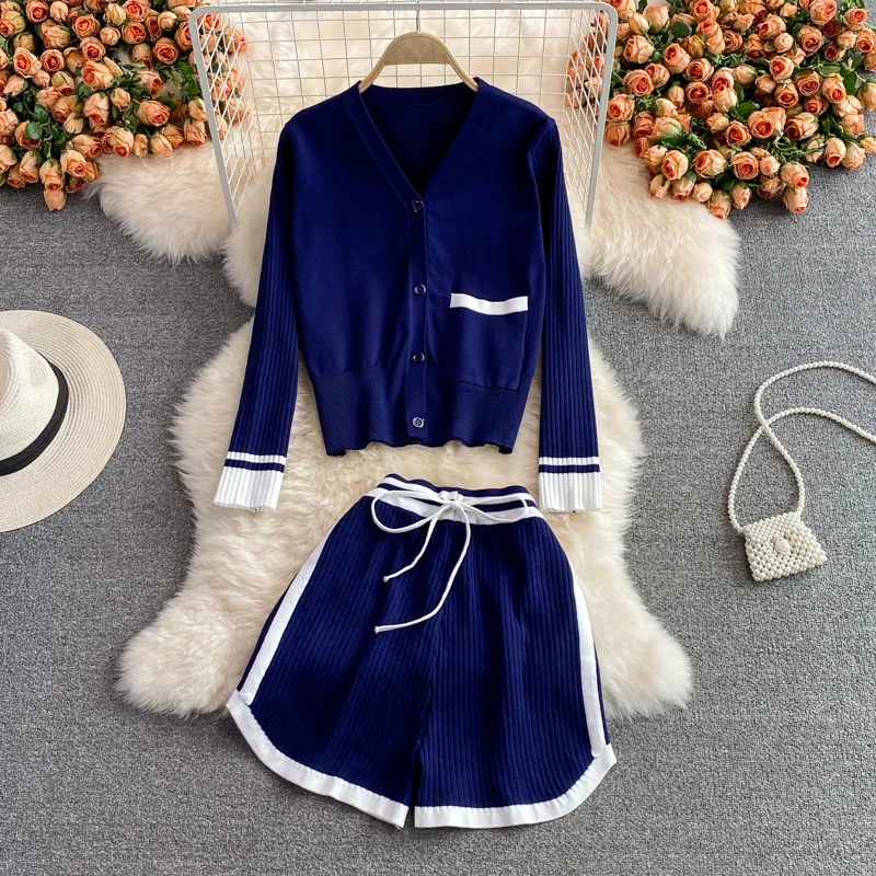 Autumn Tracksuit Women Casual Sweater Shorts 2 Piece Set Female Long-sleeved V-Neck Knitted Cardigan Wide Leg Short Pants Suits velour tracksuit women