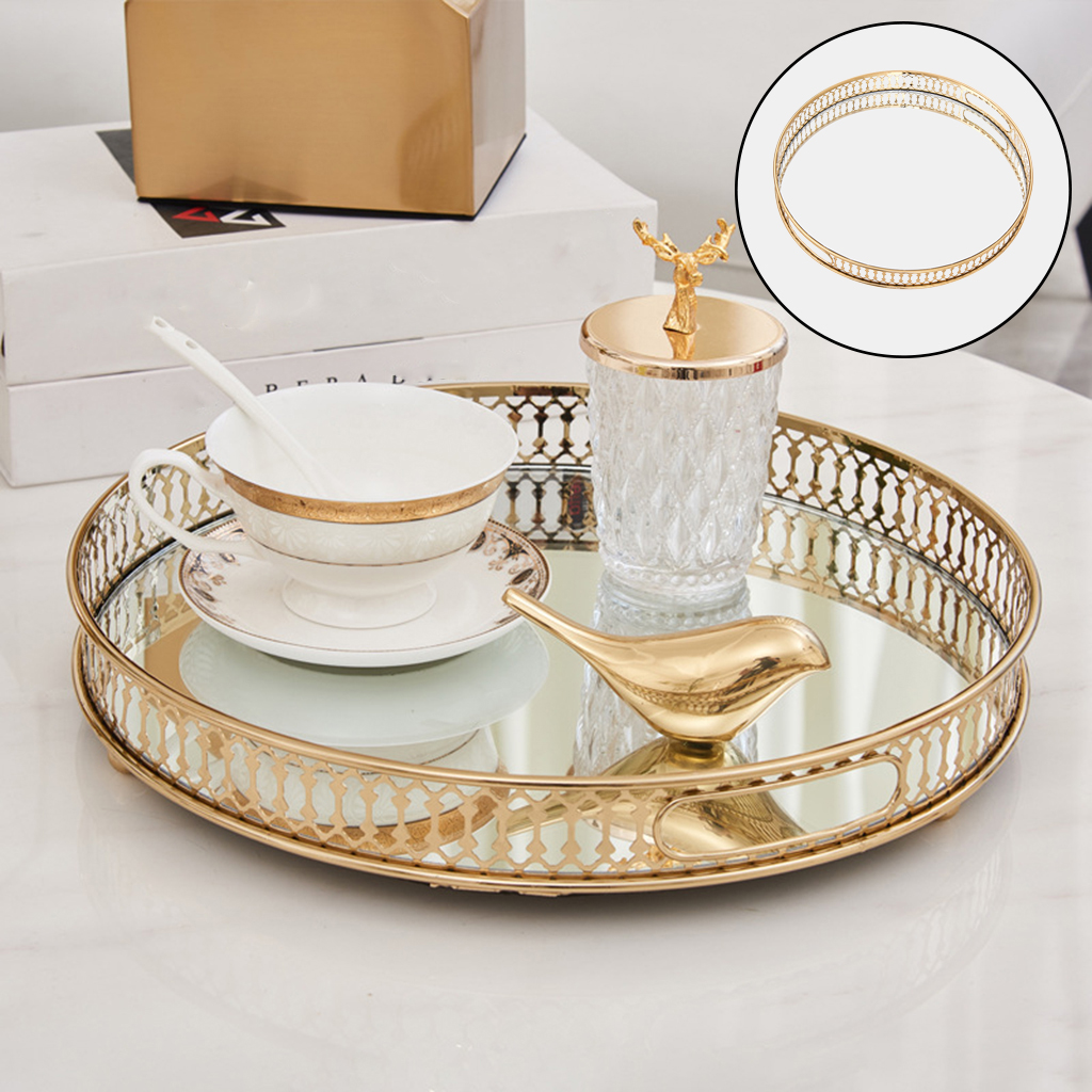 Gold Mirrored Glass Metal Tray Organizer Storage Dessert Serving Plate
