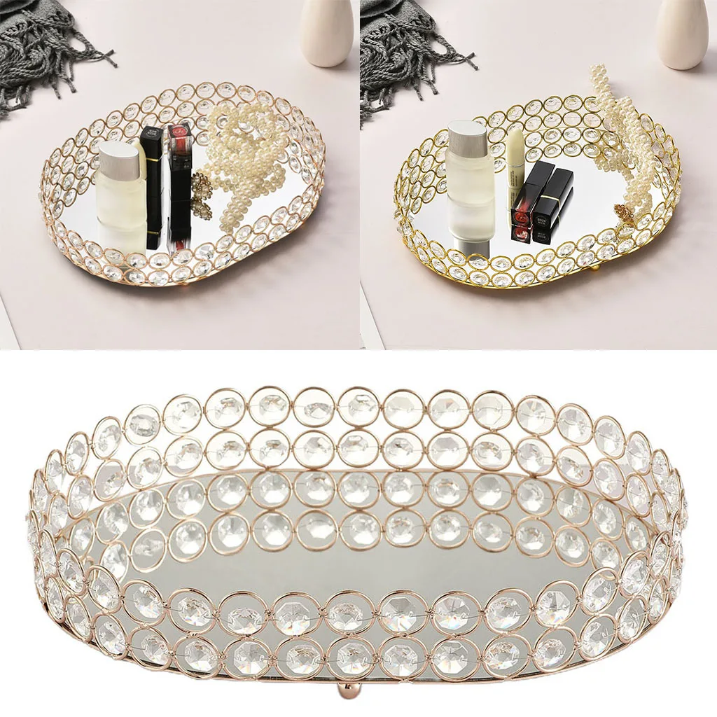 European Mirror Glass Metal Storage Tray Gold Oval Fruit Plate Desktop Small Items Jewelry Display Tray Plate