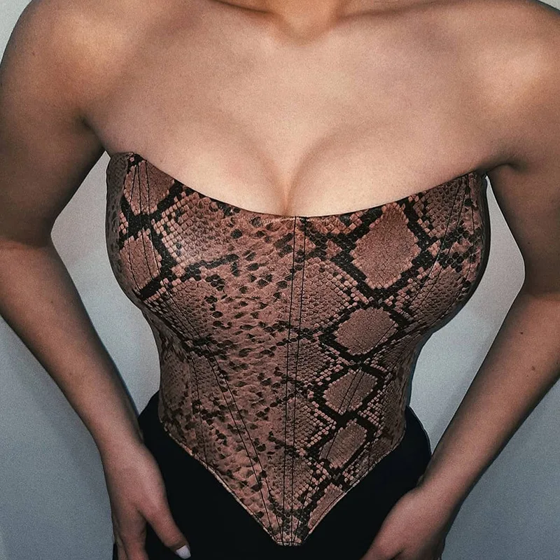 Sexy Female Corset Crop Top Women Strapless Backless Lace Up Cami Bustier Snakeskin Print Sleeveless Chest Wrap Tops Clubwear lace camisole