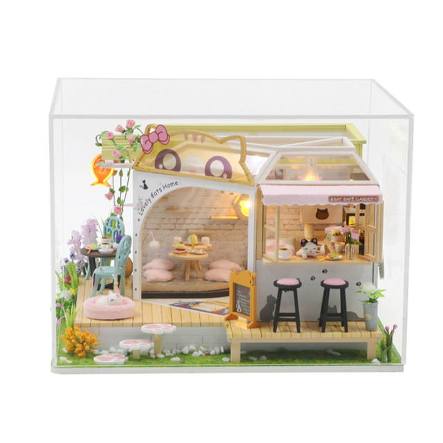 DIY Miniature Dollhouse with Furniture Kit with LED Light & Dustproof Cover  Wooden Cat & Coffee Shop House Model Toys for Girls